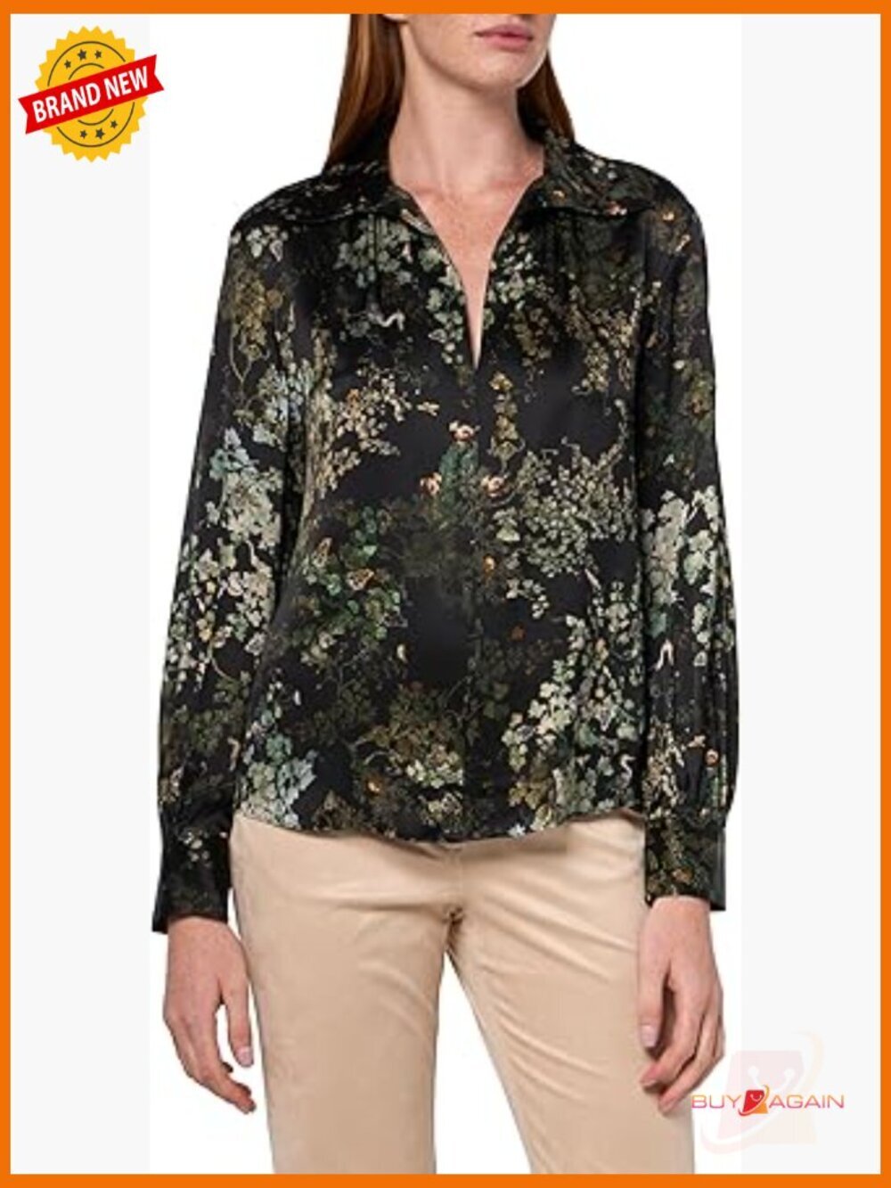 Silk Smocked Long Sleeve Blouse with Floral Pattern Relaxed Fit